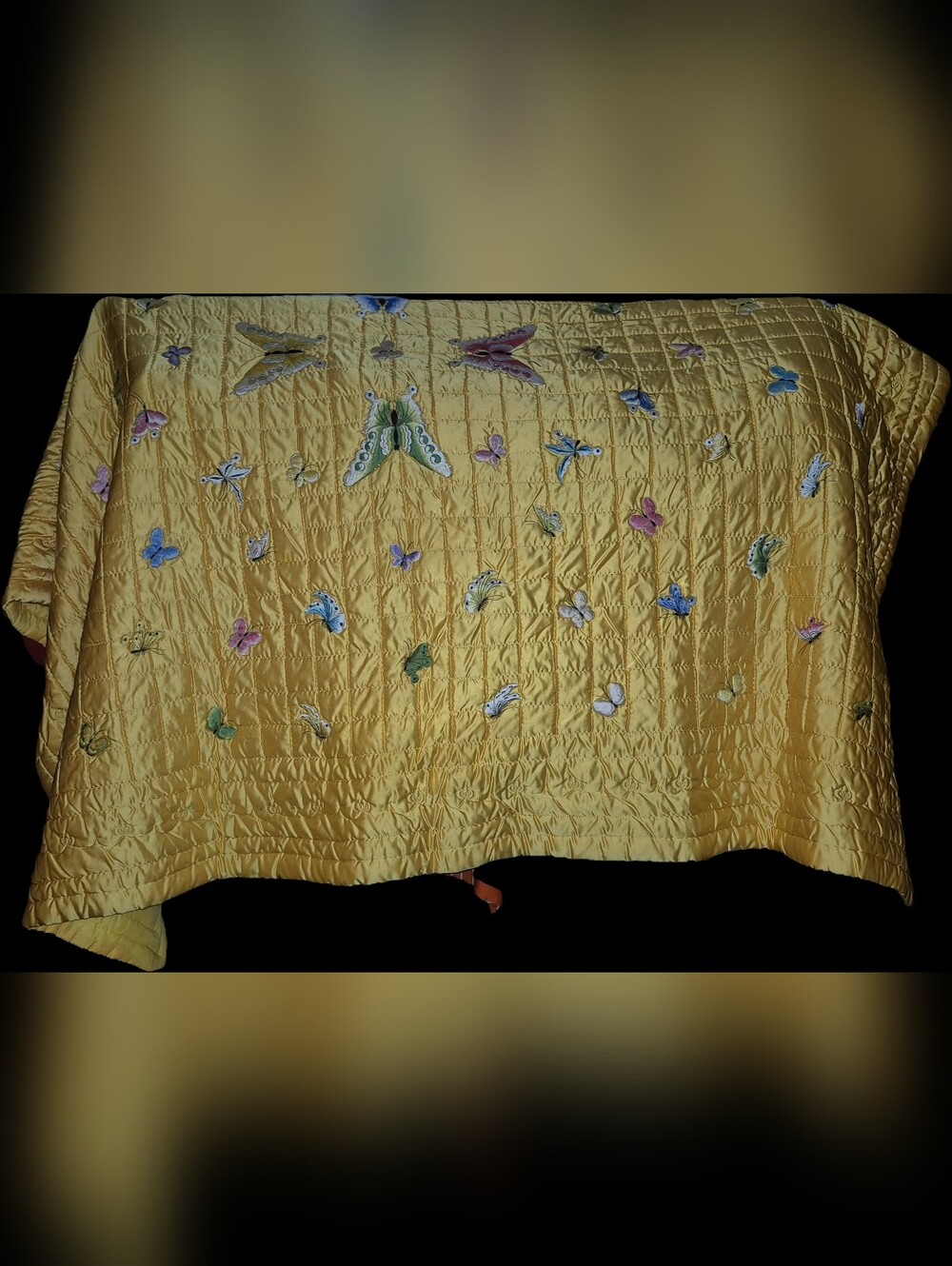 Vintage Yellow Quilted Butterfly Embroidered Throw 100" X 80" BEAUTIFUL BLANKET